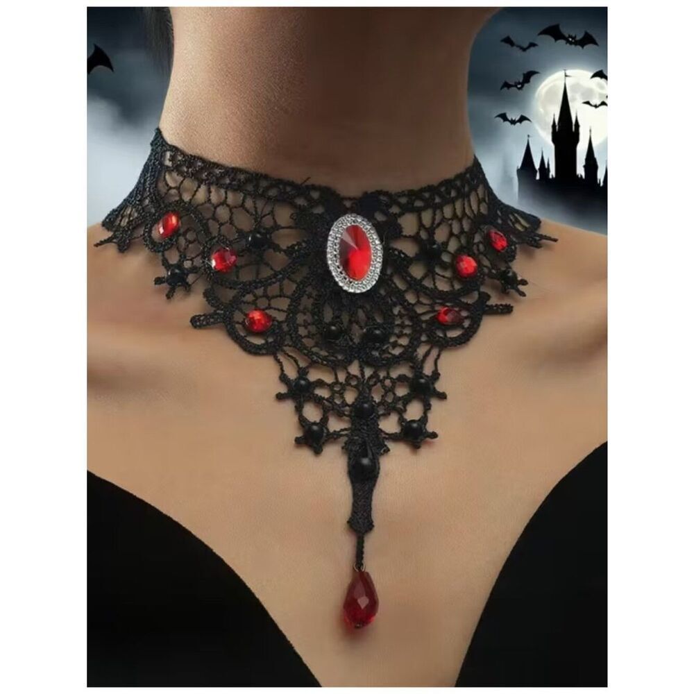 NWT Gothic Black Lace Choker Red & Black Cabochons Teardrop Bead - Picture 2 of 6